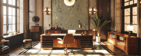 A 1930s art deco office with geometric patterns and vintage furniture.の素材
