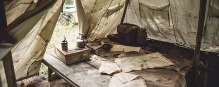 A 19th-century explorer's camp with canvas tents and maps.の素材