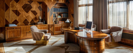 A 1930s art deco office with geometric patterns and vintage furniture.の素材
