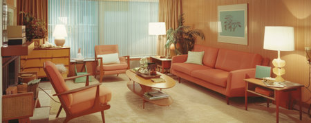 A 1950s living room scene with mid-century modern furniture and warm colors.の素材