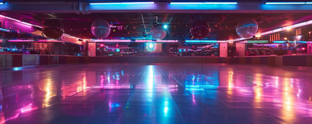 A 1980s roller rink with colorful lights and disco ball reflections.の素材