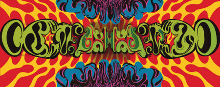 A 1960s rock concert poster with psychedelic fonts and colors.の素材