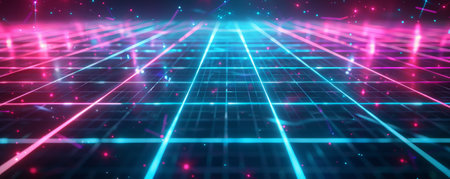 A 1980s neon grid background with vibrant, glowing colors.の素材