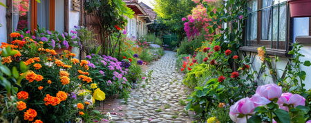 A charming village garden in full bloom, with a cobblestone path and colorful flowers.の素材
