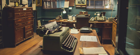 Vintage typewriter and other items on a wooden table in an officeの素材