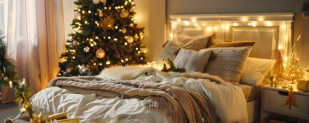 A cozy holiday bedroom with a Christmas tree, twinkling fairy lights, and festive bedding.の素材