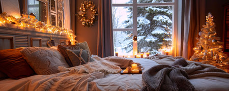 A cozy holiday bedroom with festive decorations, warm lighting, and a snowy window view.の素材