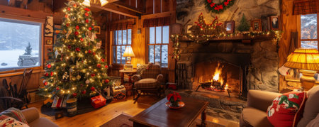 A cozy living room with a Christmas tree, a roaring fire, and holiday decorations.の素材