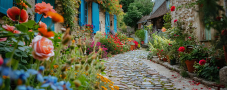 A charming village garden in full bloom, with a cobblestone path and colorful flowers.の素材