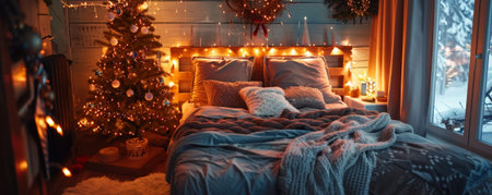 A cozy bedroom with a Christmas tree, twinkling fairy lights, and festive bedding.の素材