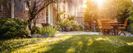 A cozy backyard with blooming wisteria, bright sunlight, and soft shadows.の素材