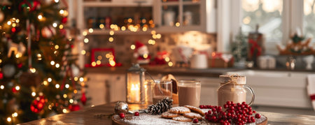 A cozy holiday kitchen with Christmas cookies, hot cocoa, and festive decorations.の素材