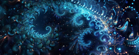 A fractal design with cosmic, star-like points in shades of blue and black.の素材