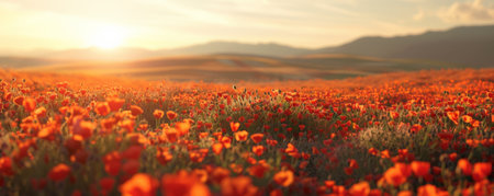 poppy field at sunset, panoramic view. 3d renderingの素材