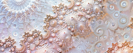 A fractal pattern with intricate, lace-like details in soft pastel colors.の素材