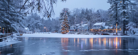 A frozen lake surrounded by snowy trees and holiday decorations on the shore.の素材