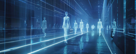 A futuristic fashion show with digital runways and holographic clothing.の素材