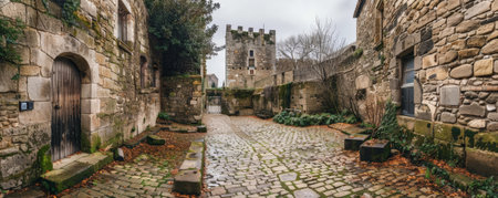 A medieval castle courtyard with stone walls and cobblestone paths.の素材