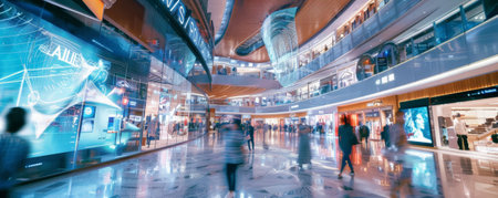 A futuristic shopping mall with digital storefronts and interactive advertisements.の素材