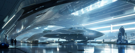A futuristic spaceport with sleek spacecraft and digital navigation systems.の素材