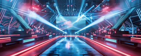 A futuristic concert stage with holographic artists and laser light shows.の素材