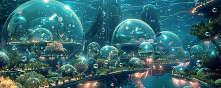 A futuristic underwater city with transparent houses and glowing marine life.の素材
