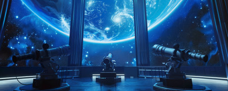A futuristic observatory with advanced telescopes and holographic star maps.の素材