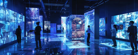 A futuristic art gallery with digital art displays and interactive exhibits.の素材