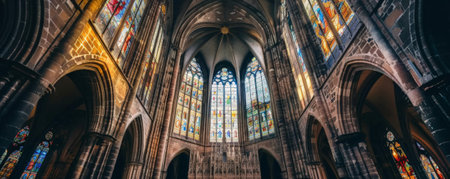 A medieval cathedral with stained glass windows and stone carvings.の素材