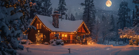 A peaceful winter cabin with holiday lights, a snow-covered roof, and a full moon.の素材