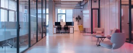 A high-tech workspace with transparent screens and minimalist furniture.の素材