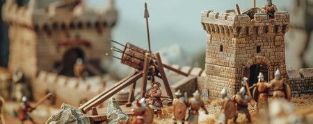 A medieval siege scene with wooden catapults and stone walls.の素材