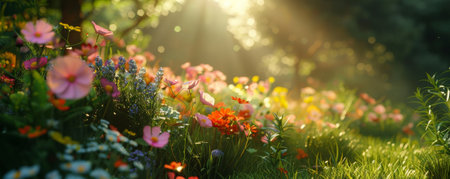 Beautiful flowers in the garden at sunset. Panoramic photo.の素材