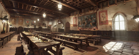 A medieval banquet hall with long wooden tables and hanging tapestries.の素材