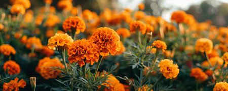 Orange marigold flowers in the garden. Marigold flower background.の素材