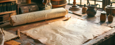 Old parchment paper on the table in the old kitchen. Vintage styleの素材
