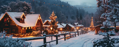 A quaint holiday village with decorated houses, twinkling lights, and a snow-covered landscape.の素材