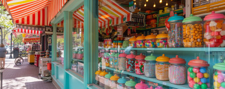 A retro candy shop with bright, colorful jars and striped awnings.の素材
