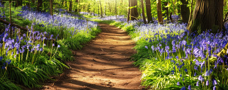 Bluebells in the spring forest. Panoramic image.の素材
