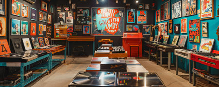 A retro record store with vinyl records and bold, colorful posters.の素材
