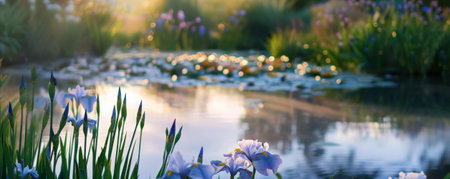 A serene pond surrounded by blooming irises and soft morning light.の素材