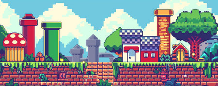 A retro video game pixel art scene in bright, primary colors.の素材