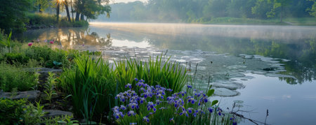 A serene lakeside with blooming iris and soft morning light.の素材