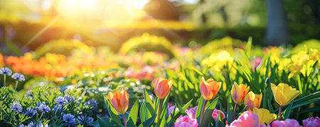 A spring garden with a variety of flowers, green foliage, and a bright, sunny sky.の素材
