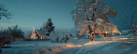 A serene snowy landscape with a decorated tree, twinkling lights, and a clear, starry sky.の素材