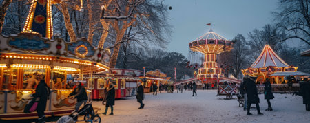 A winter carnival with festive rides, twinkling lights, and snow-covered grounds.の素材