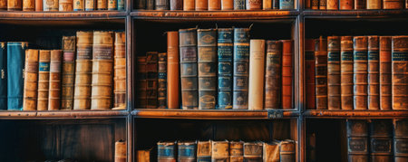 A Victorian library with dark wood shelves and leather-bound books.の素材