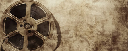 A vintage film reel with sepia tones and film grain texture.の素材