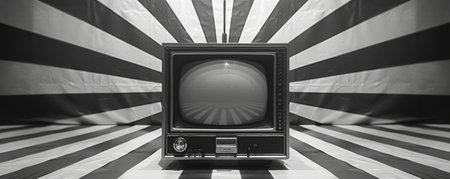 Retro TV on a black and white striped background, 3d renderingの素材