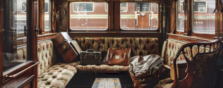 A Victorian train compartment with plush seats and vintage luggage.の素材